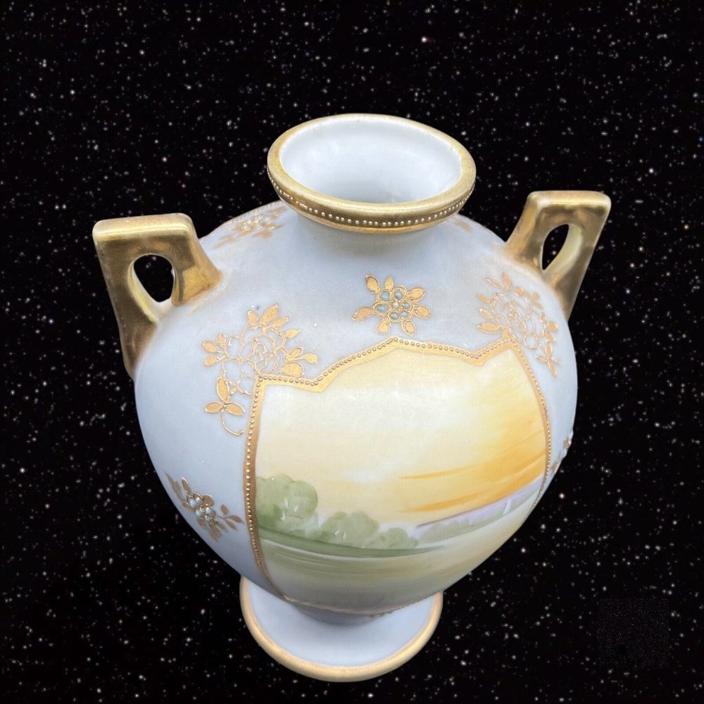 Antique‎ Porcelain Nippon Moriage Vase Golden Hand Painted Double Handled Boat - Picture 5 of 8